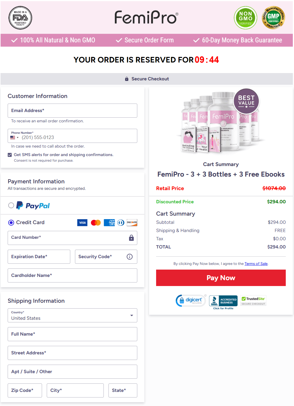 FemiPro secure checkout page for placing your order